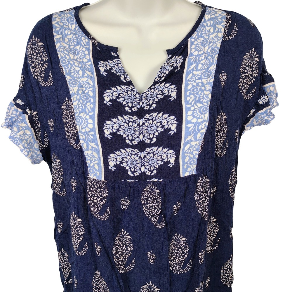 Como Vintage Navy Blue Paisley Print Ruffle Sleeve Blouse  M boho cottagecore